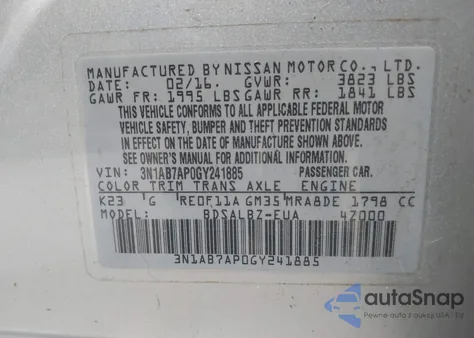 2016 Nissan Sentra S z USA, uszkodzony, nr VIN 3N1AB7AP0GY241885